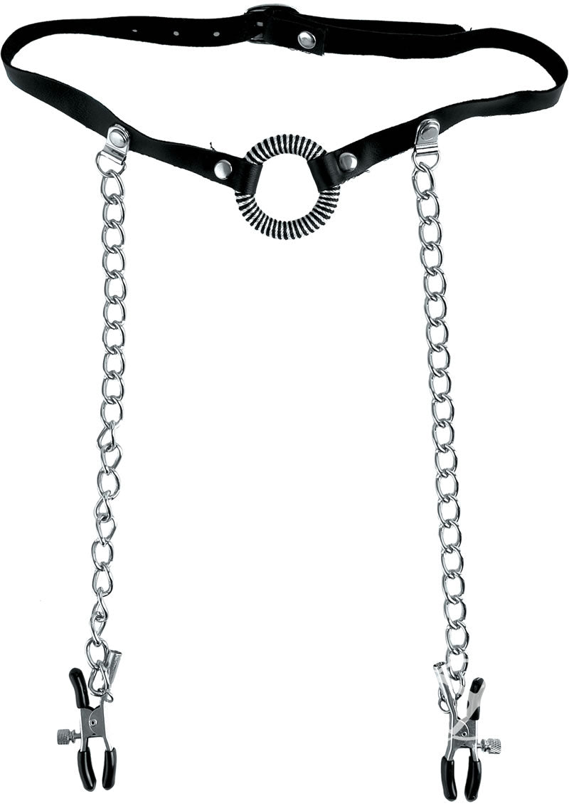 Ffle O Ring Gag and Nipple Clamps Black