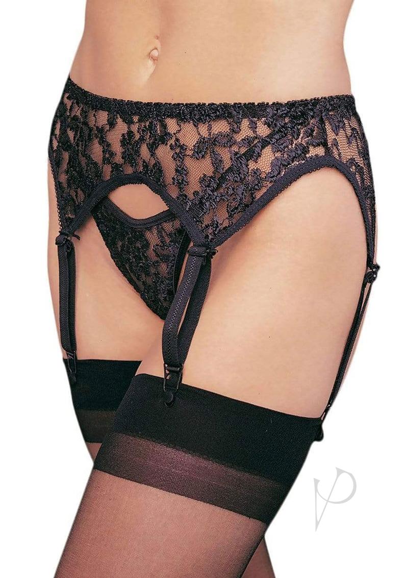 Lace Garter Thong 2pc Plus Black